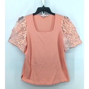 Chico's Blouse Womens Size 1 Coral Orange Sheer Floral Pedals Square Neck Top